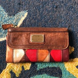 Brown leather patchwork fossil wallet